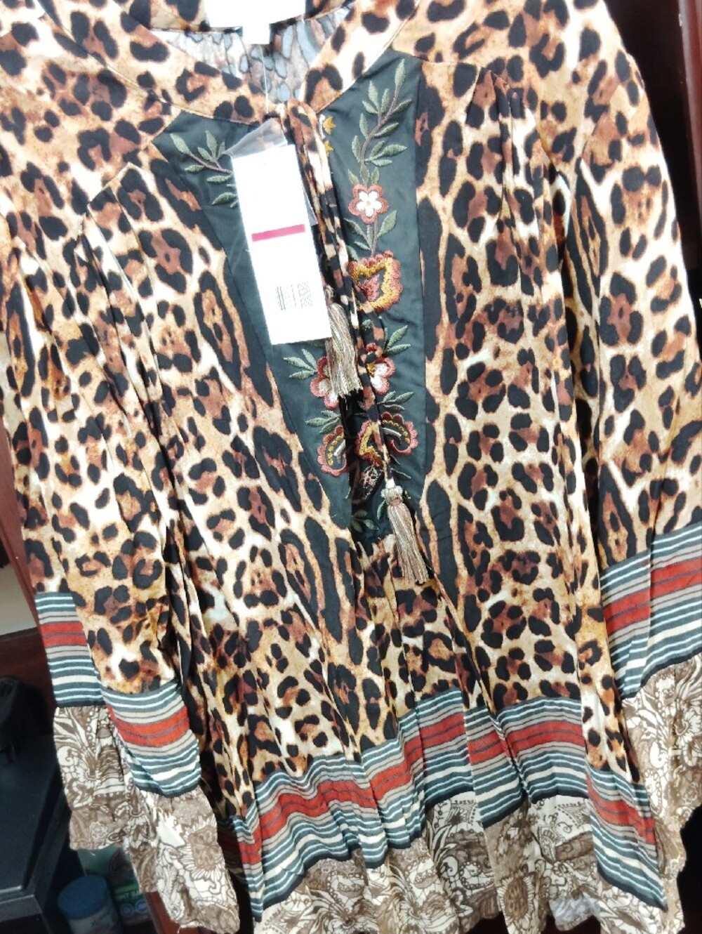 new directions Leopard Print Embroidered Tassel Tunic in Brown and Tan - Picture 3 of 8
